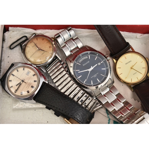 122 - A SMALL BOX OF WRISTWATCHES AND A POCKET WATCH, five gents wristwatches to include an Automatic 'Tim... 