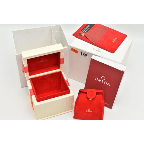 124 - AN 'OMEGA' WATCH BOX, textured box with red ribbon detail, travel pouch interior, also including a c... 