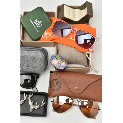 130 - A BOX OF ASSORTED ITEMS, to include a pair of 'Ray Ban' Wayfarer 2140 sunglasses, a pair of Gucci GG... 