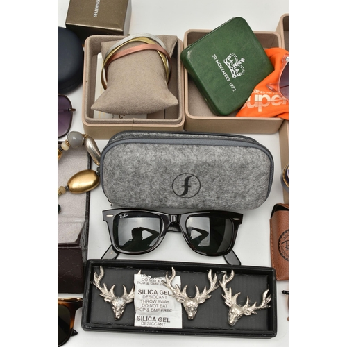 130 - A BOX OF ASSORTED ITEMS, to include a pair of 'Ray Ban' Wayfarer 2140 sunglasses, a pair of Gucci GG... 