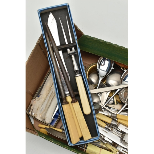 133 - A BOX OF ASSORTED CUTLERY, to include a 'north Western Railway' tea spoon, stamped silver, approxima... 