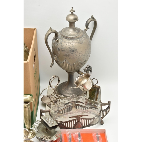 135 - A BOX OF ASSORTED WHITE METAL WARE, to include a large white metal tea urn, EPNS egg cups with stand... 