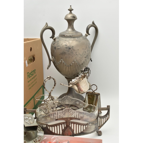 135 - A BOX OF ASSORTED WHITE METAL WARE, to include a large white metal tea urn, EPNS egg cups with stand... 