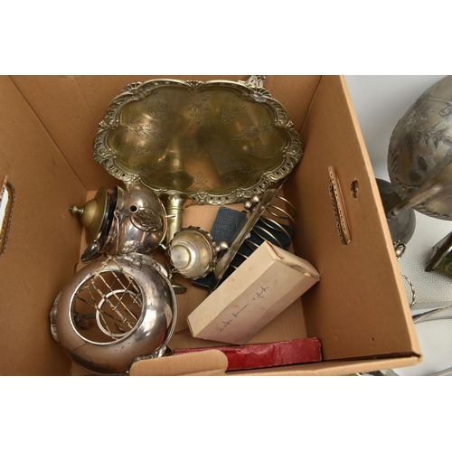 135 - A BOX OF ASSORTED WHITE METAL WARE, to include a large white metal tea urn, EPNS egg cups with stand... 