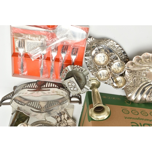 135 - A BOX OF ASSORTED WHITE METAL WARE, to include a large white metal tea urn, EPNS egg cups with stand... 