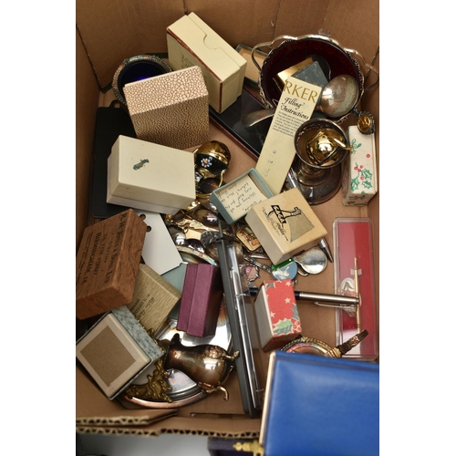 136 - A BOX OF ASSORTED ITEMS, to include a small selection of white metal jewellery, including a rope cha... 