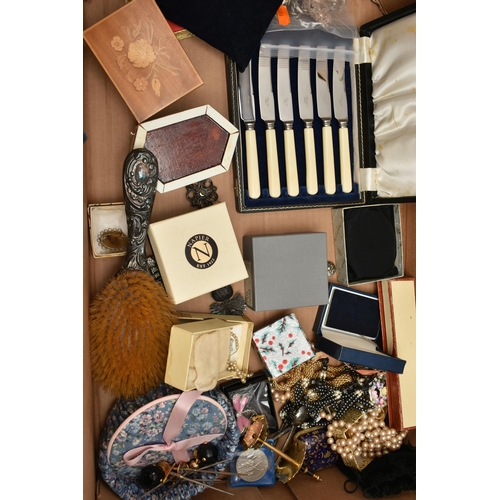 136 - A BOX OF ASSORTED ITEMS, to include a small selection of white metal jewellery, including a rope cha... 