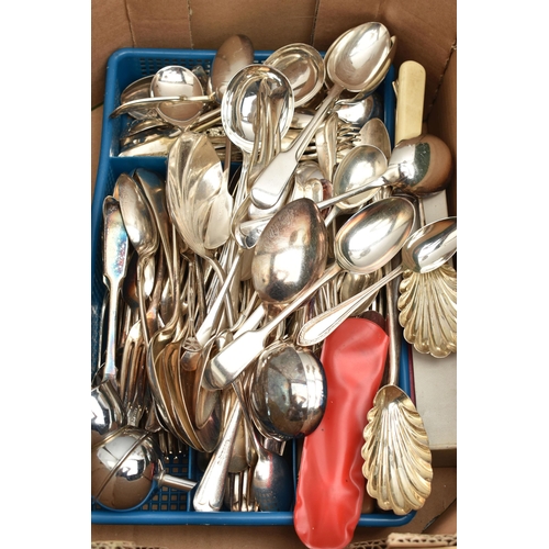 138 - TWO BOXES OF MAINLY SILVER PLATED WARE, to include a pair of candelabras, an oval tray, a condiment ... 