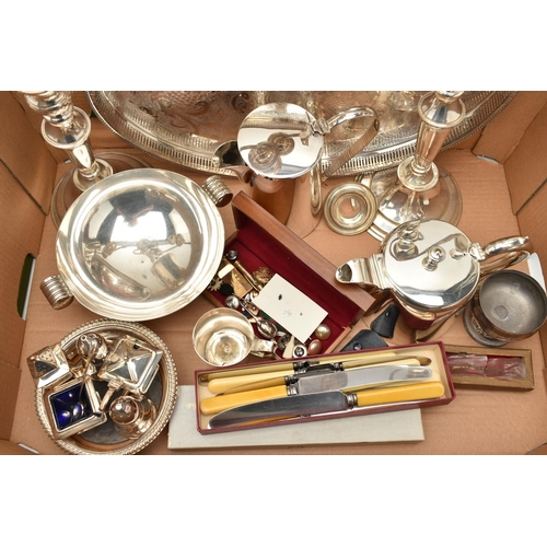 138 - TWO BOXES OF MAINLY SILVER PLATED WARE, to include a pair of candelabras, an oval tray, a condiment ... 