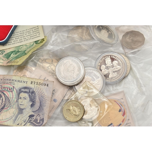 144 - A LARGE CARDBOARD BOX CONTAINING COINS AND COMMEMORATIVES, to include over 1.6 Kilo of mixed Silver ... 