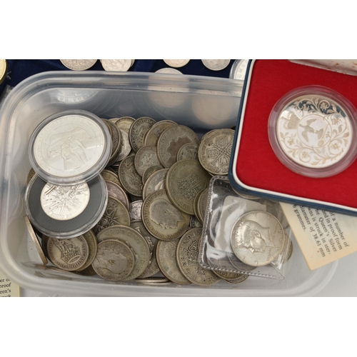 144 - A LARGE CARDBOARD BOX CONTAINING COINS AND COMMEMORATIVES, to include over 1.6 Kilo of mixed Silver ... 