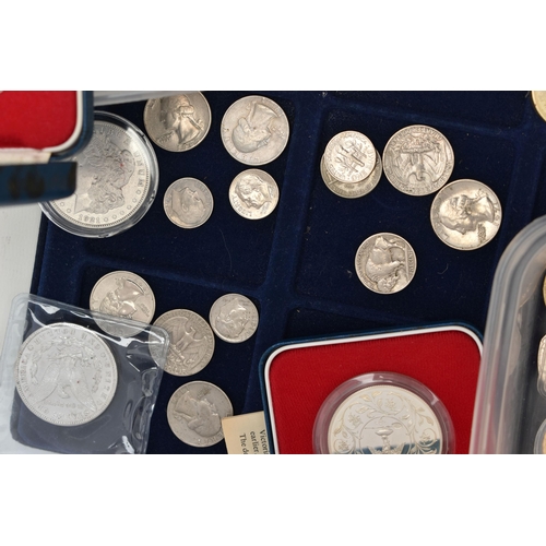 144 - A LARGE CARDBOARD BOX CONTAINING COINS AND COMMEMORATIVES, to include over 1.6 Kilo of mixed Silver ... 