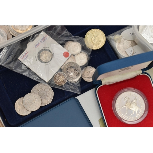 144 - A LARGE CARDBOARD BOX CONTAINING COINS AND COMMEMORATIVES, to include over 1.6 Kilo of mixed Silver ... 