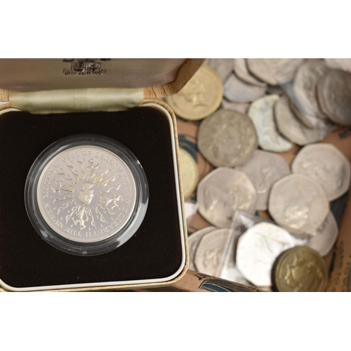 144 - A LARGE CARDBOARD BOX CONTAINING COINS AND COMMEMORATIVES, to include over 1.6 Kilo of mixed Silver ... 