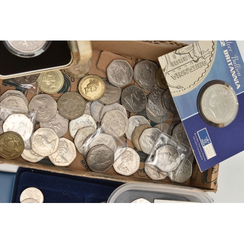 144 - A LARGE CARDBOARD BOX CONTAINING COINS AND COMMEMORATIVES, to include over 1.6 Kilo of mixed Silver ... 