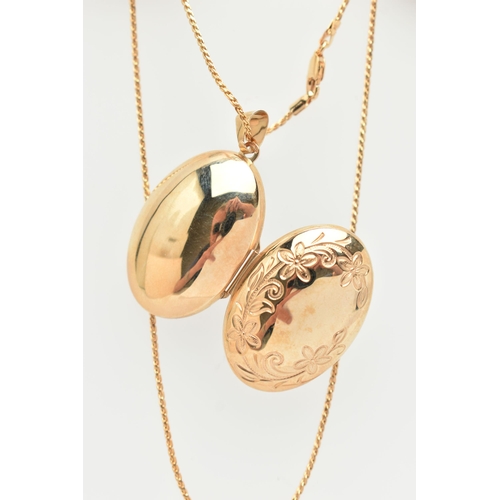 86 - A 9CT GOLD OVAL LOCKET WITH CHAIN, floral pattern to the front, hinged locket opens to reveal two va... 