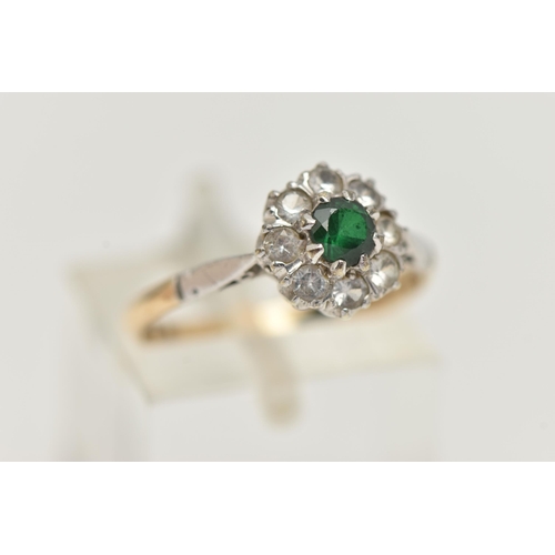 91 - A 9CT GOLD CLUSTER RING, set to the centre with a circular cut green spinel in a surround of colourl... 