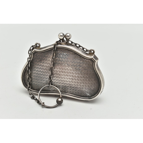 92 - AN EARLY 20TH CENTURY SILVER PURSE, wavy outline, engine turned pattern with vacant cartouche, kissi... 