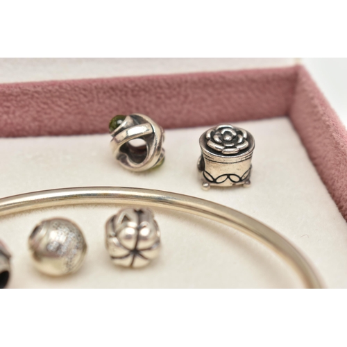 93 - PANDORA' CHARMS AND BOX WITH BANGLE, to include six white metal charms, all stamped '925S ALE', with... 