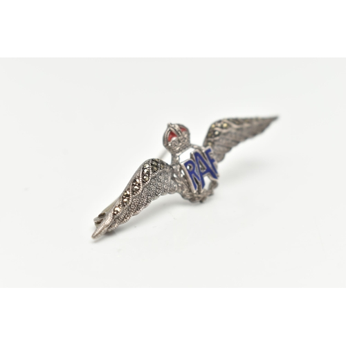 96 - A WHITE METAL 'RAF' SWEETHEART BROOCH, with blue enamel detail and set with marcasite, approximate l... 