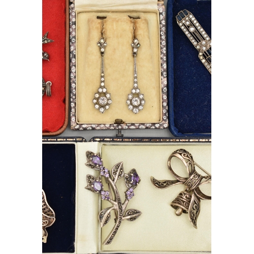 97 - AN ASSORTMENT OF WHITE METAL JEWELLERY, to include a pair of art deco style, white metal screw back ... 