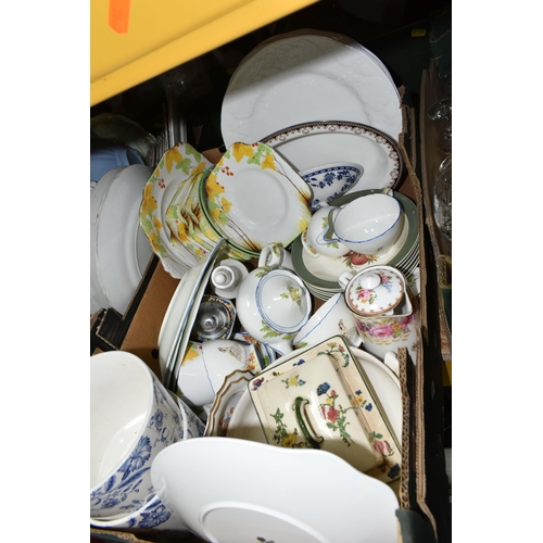 317 - FIVE BOXES OF CERAMICS AND GLASSWARE, to include a Royal Doulton 'Sprays' pattern butter dish, Wedgw... 