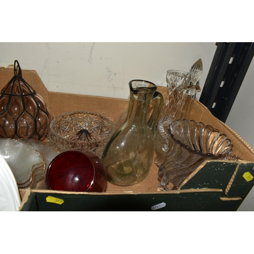 317 - FIVE BOXES OF CERAMICS AND GLASSWARE, to include a Royal Doulton 'Sprays' pattern butter dish, Wedgw... 