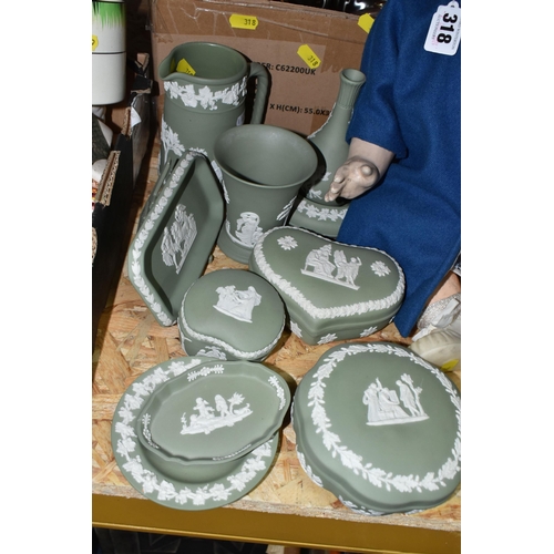 318 - ONE BOX OF WEDGWOOD GREEN JASPERWARE, METALWARE AND SUNDRIES, to include an Armand Marseille bisque ... 