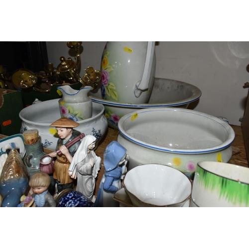 319 - THREE BOXES OF CERAMICS AND ORNAMENTS, to include four metal wall light fittings with  eight frosted... 