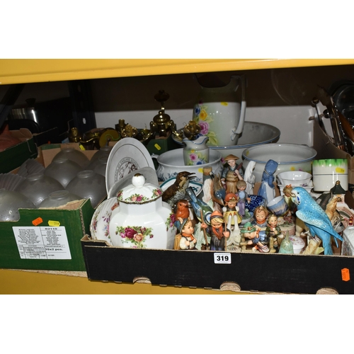 319 - THREE BOXES OF CERAMICS AND ORNAMENTS, to include four metal wall light fittings with  eight frosted... 