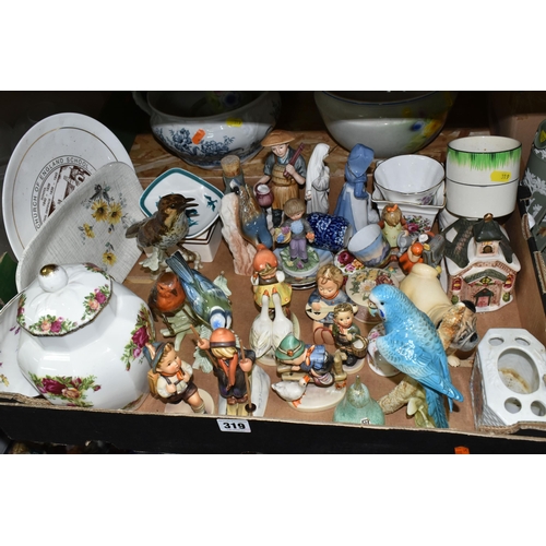 319 - THREE BOXES OF CERAMICS AND ORNAMENTS, to include four metal wall light fittings with  eight frosted... 