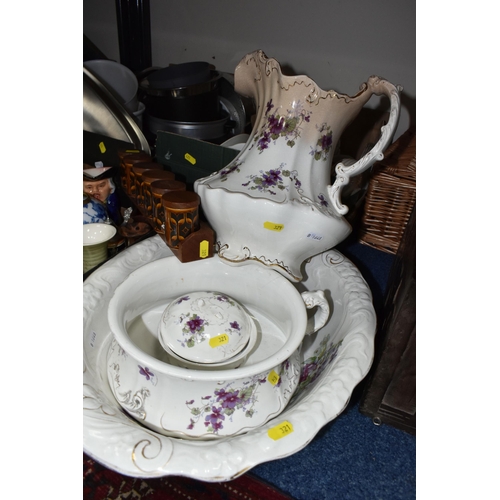 321 - THREE BOXES AND LOOSE CERAMICS AND KITCHENWARE, to include a Henry Alcock & Co. Victorian wash bowl,... 