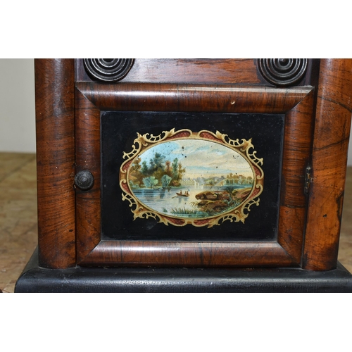 323 - AN AMERICAN BRACKET CLOCK, veneered and painted case, printed with a vignette of a lakeside scene on... 