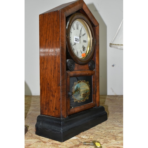 323 - AN AMERICAN BRACKET CLOCK, veneered and painted case, printed with a vignette of a lakeside scene on... 