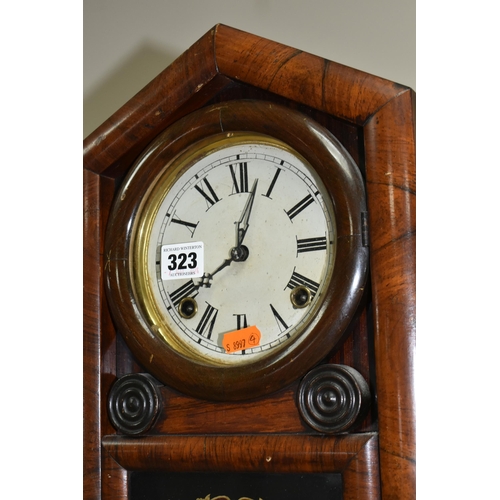 323 - AN AMERICAN BRACKET CLOCK, veneered and painted case, printed with a vignette of a lakeside scene on... 