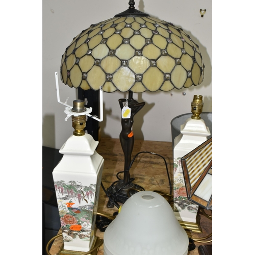 326 - A GROUP OF TABLE LAMPS, comprising a modern figural lamp with leaded effect shade, total height appr... 