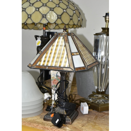 326 - A GROUP OF TABLE LAMPS, comprising a modern figural lamp with leaded effect shade, total height appr... 