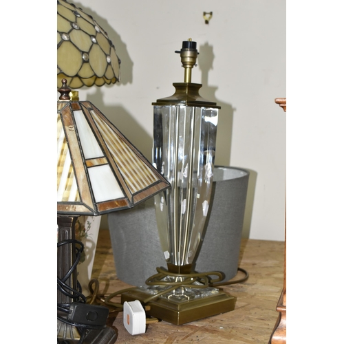 326 - A GROUP OF TABLE LAMPS, comprising a modern figural lamp with leaded effect shade, total height appr... 