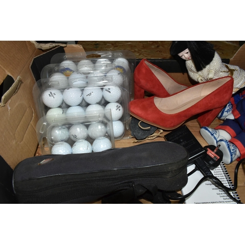 332 - TWO BOXES OF CERAMICS, CAMERA, GOLF INTEREST AND SUNDRY ITEMS, to include a Canon IXUS 275 HS digita... 