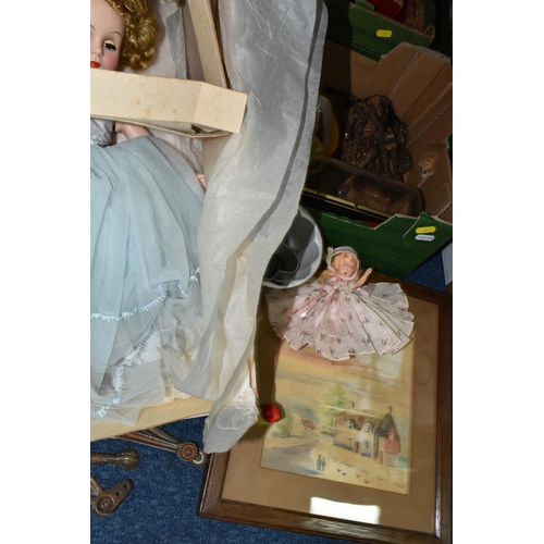 334 - TWO BOXES AND LOOSE DOLLS, BOOKS AND SUNDRY ITEMS, to include a boxed mid twentieth century Nancy An... 