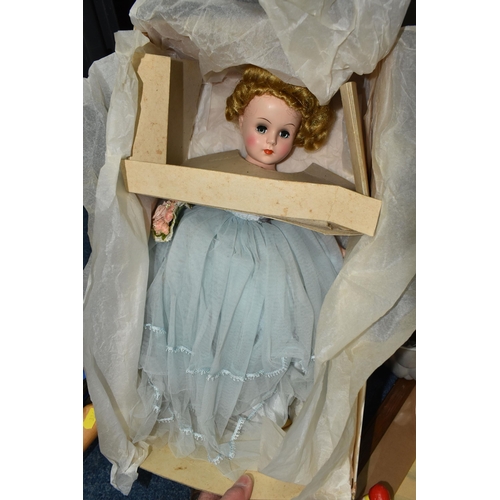 334 - TWO BOXES AND LOOSE DOLLS, BOOKS AND SUNDRY ITEMS, to include a boxed mid twentieth century Nancy An... 