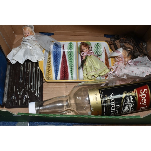 334 - TWO BOXES AND LOOSE DOLLS, BOOKS AND SUNDRY ITEMS, to include a boxed mid twentieth century Nancy An... 