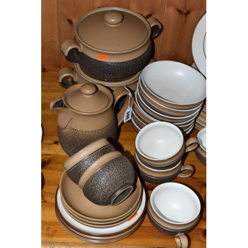 340 - A GROUP OF DENBY 'COTSWOLD' DESIGN DINNERWARE, comprising two covered tureens, teapot, oval meat pla... 