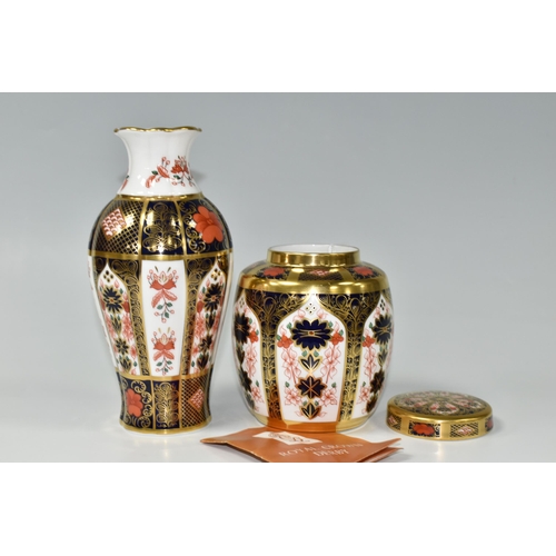 344 - A ROYAL CROWN DERBY 'OLD IMARI' 1128 PATTERN SOLID BAND COVERED GINGER JAR AND VASE, comprising vase... 