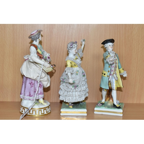 347 - A MEISSEN PORCELAIN FIGURE OF A GARDENER AND TWO OTHER CONTINENTAL PORCELAIN FIGURES, the Meissen fi... 