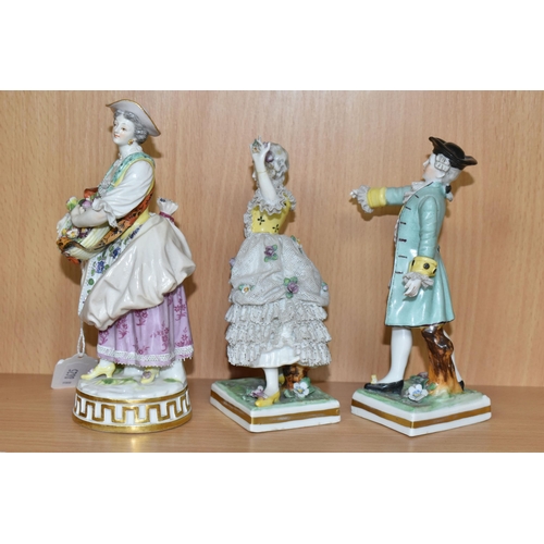 347 - A MEISSEN PORCELAIN FIGURE OF A GARDENER AND TWO OTHER CONTINENTAL PORCELAIN FIGURES, the Meissen fi... 