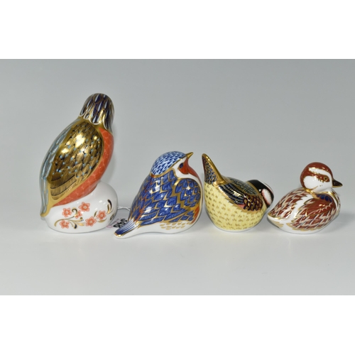 348 - A GROUP OF FOUR ROYAL CROWN DERBY IMARI BIRD PAPERWEIGHTS, comprising a Kingfisher with gold stopper... 