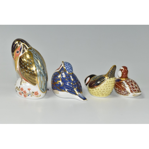 348 - A GROUP OF FOUR ROYAL CROWN DERBY IMARI BIRD PAPERWEIGHTS, comprising a Kingfisher with gold stopper... 