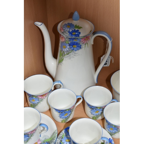 359 - A SHELLEY COFFEE SET, pattern number 12216, decorated with a blue and pink floral design on a white ... 