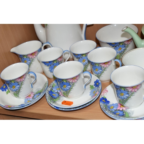 359 - A SHELLEY COFFEE SET, pattern number 12216, decorated with a blue and pink floral design on a white ... 